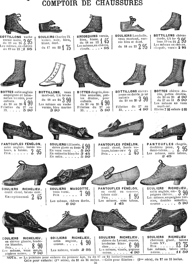 Eine Seite aus einem Buch, die verschiedene Damenschuhe mit einzigartigen Designs, Preisschildern und Details zu Größe, Form und Farbe zeigt, die ordentlich angeordnet sind.