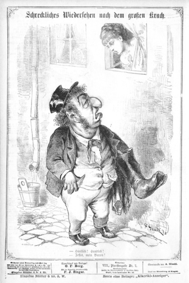 Cartoon-Illustration eines Mannes mit Zylinder und einer Frau in einem Kleid vor einer Wand, einem Fenster, einem Eimer und anderen Gegenständen im Hintergrund, mit der Aufschrift "F. J. Singer, der erste deutsche Politiker, der in den Kongress gewählt wurde" unten.