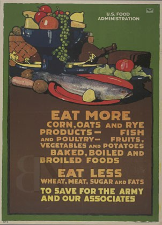 Plakat mit Obst, Gemüse und einem Fisch, das "Mehr Mais, Hafer und Roggenprodukte essen" fördert, um die Ernährung für die Armee und Verbündete zu unterstützen.