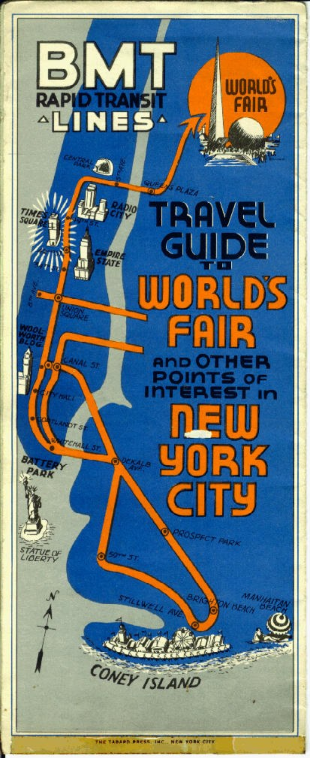 Ein Plakat mit einer Karte der Weltausstellung New York 1964-65 mit Textangaben zu dem Ereignis und seinen Attraktionen.