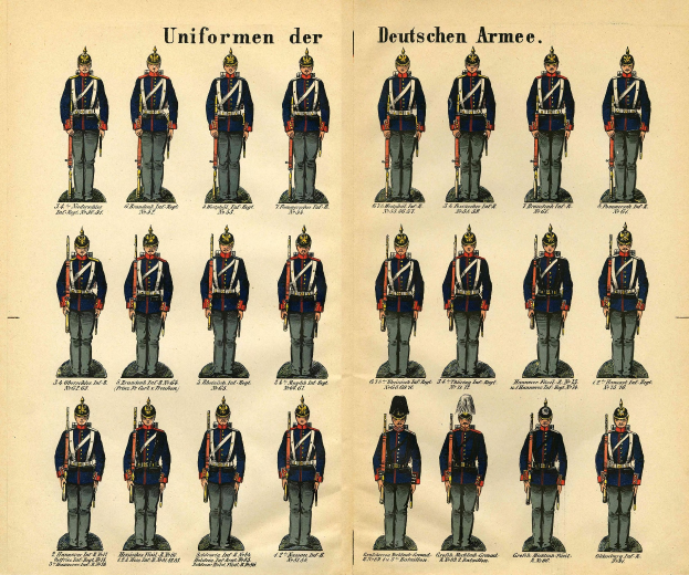 Ein Buch, das ein Raster von verschiedenen Uniformen der deutschen Armee zeigt, begleitet von Texten, die Abzeichen, Rang und andere Uniformdetails beschreiben.