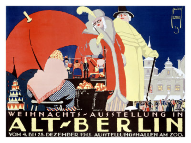 Ein Plakat, das eine Zirkusveranstaltung in Berlin, Deutschland, ankündigt, mit einer farbenfrohen Illustration von Menschen, Gebäuden und Gegenständen und dem Text "Weihnachts Ausstellung in Alt-Berlin" oben.