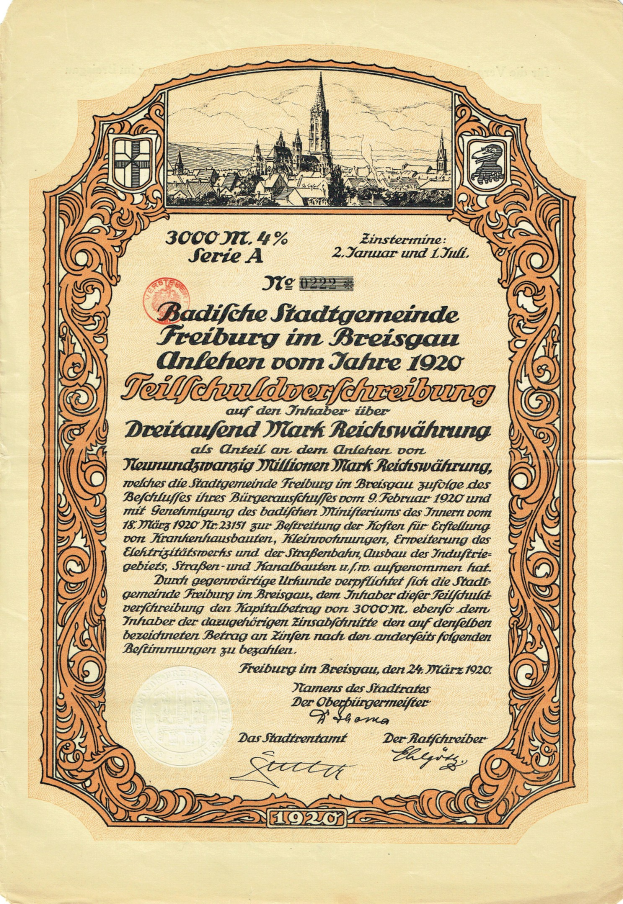 Alte deutsche Aktienurkunde mit einer Stadtillustration und gedrucktem Text.