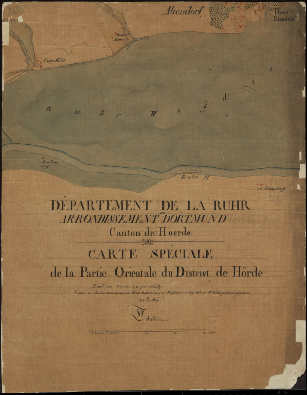 Detailiertes altes Stadtplan von Ruhr, Deutschland, zeigt Straßen, Gebäude, Sehenswürdigkeiten und Text mit Bevölkerungszahl, Lage und historischen Informationen.
