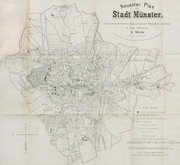 Alte Karte von Stadt Münster, Deutschland von 1873, zeigt detaillierte geographische Merkmale und TextAnnotation.