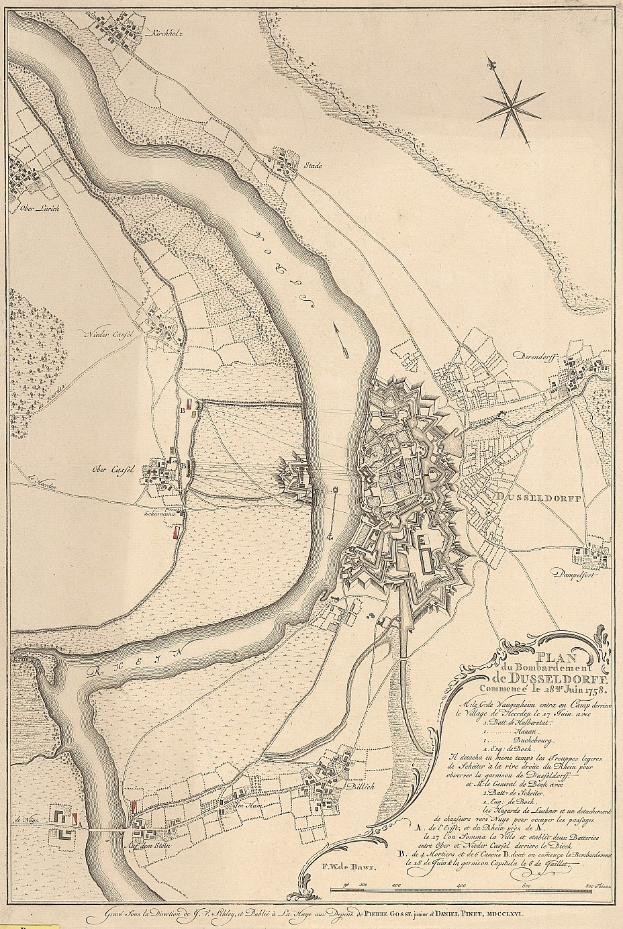 Ein detaillierter alter Stadtplan von Düsseldorf, Deutschland, der seine Straßen, Gebäude und einen Fluss zeigt, mit Textinformationen zur Bevölkerung, Sehenswürdigkeiten und Geschichte.