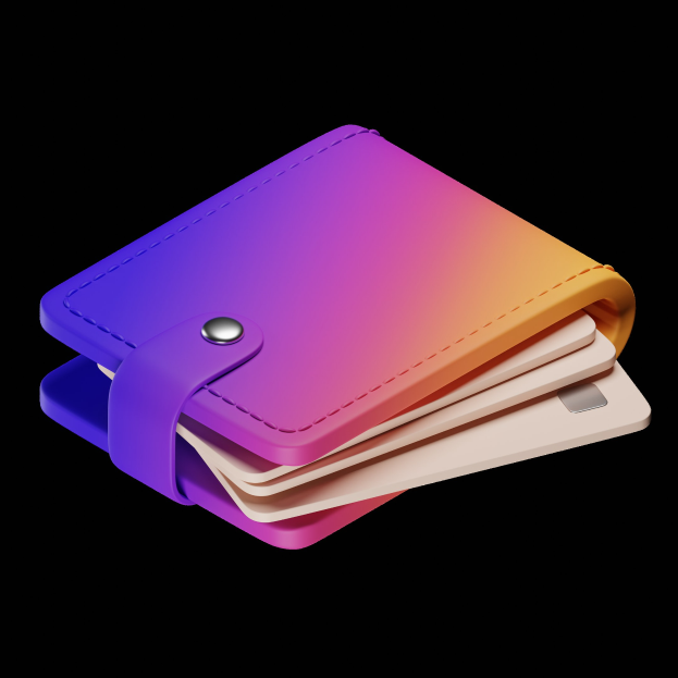 Eine farbenfrohe Geldbörse mit einem Kreditkartenhalter oben drauf, mit pinken, blauen, gelben und violetten Abschnitten, dargestellt auf einem weißen Hintergrund.