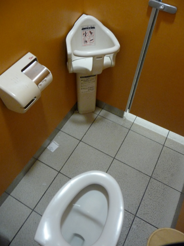 Toilettenschüssel am Boden, an der Wand befestigte Gegenstände oben, Tür auf der rechten Seite und ein Boden in der Mitte des Bildes.