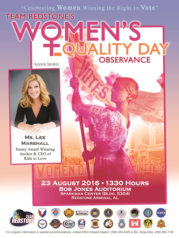 Ein Plakat für den Women's Equality Day von Team Redstone, das eine Frau mit einer 'Women's Equality'-Fahne zeigt, mit Event-Logos und Details unten.