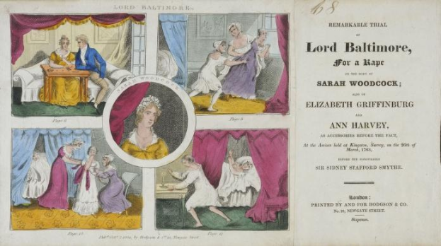 Ein historisches Dokument, das den Prozess gegen Lord Baltimore wegen der mutmaßlichen Vergewaltigung von Sarah Woodcock und Elizabeth Griffinburg zeigt, mit Illustrationen von Menschen, Vorhängen und Text.