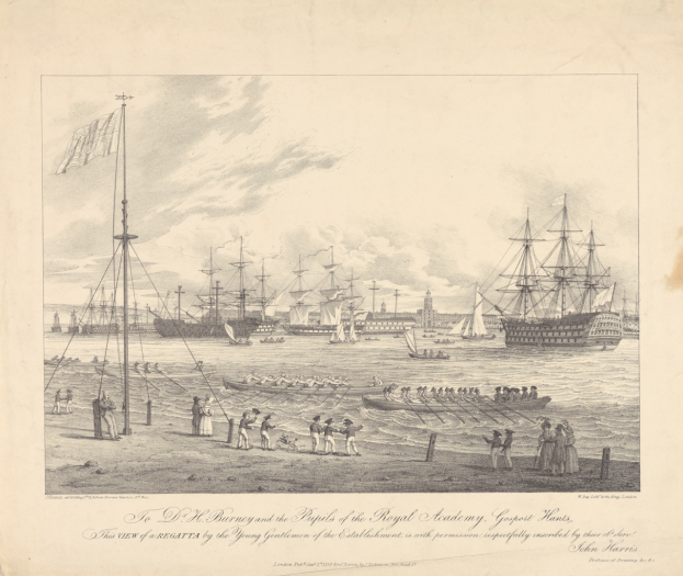 Eine Zeichnung von Booten im Wasser mit Menschen am Ufer, Fahnen an Stangen und Gebäuden im Hintergrund, mit Text unten, der 'Die Ansicht der Regatta von den jungen Herren der Anstalt der Königlichen Akademie, Gosport Hants' lautet.