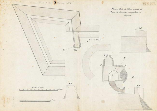 Eine Seite aus einem Buch mit einer detaillierten Zeichnung einer Ecke und einem Loch, die als Plan des Opernhauses von 1845 gilt, begleitet von Text und architektonischen Details.