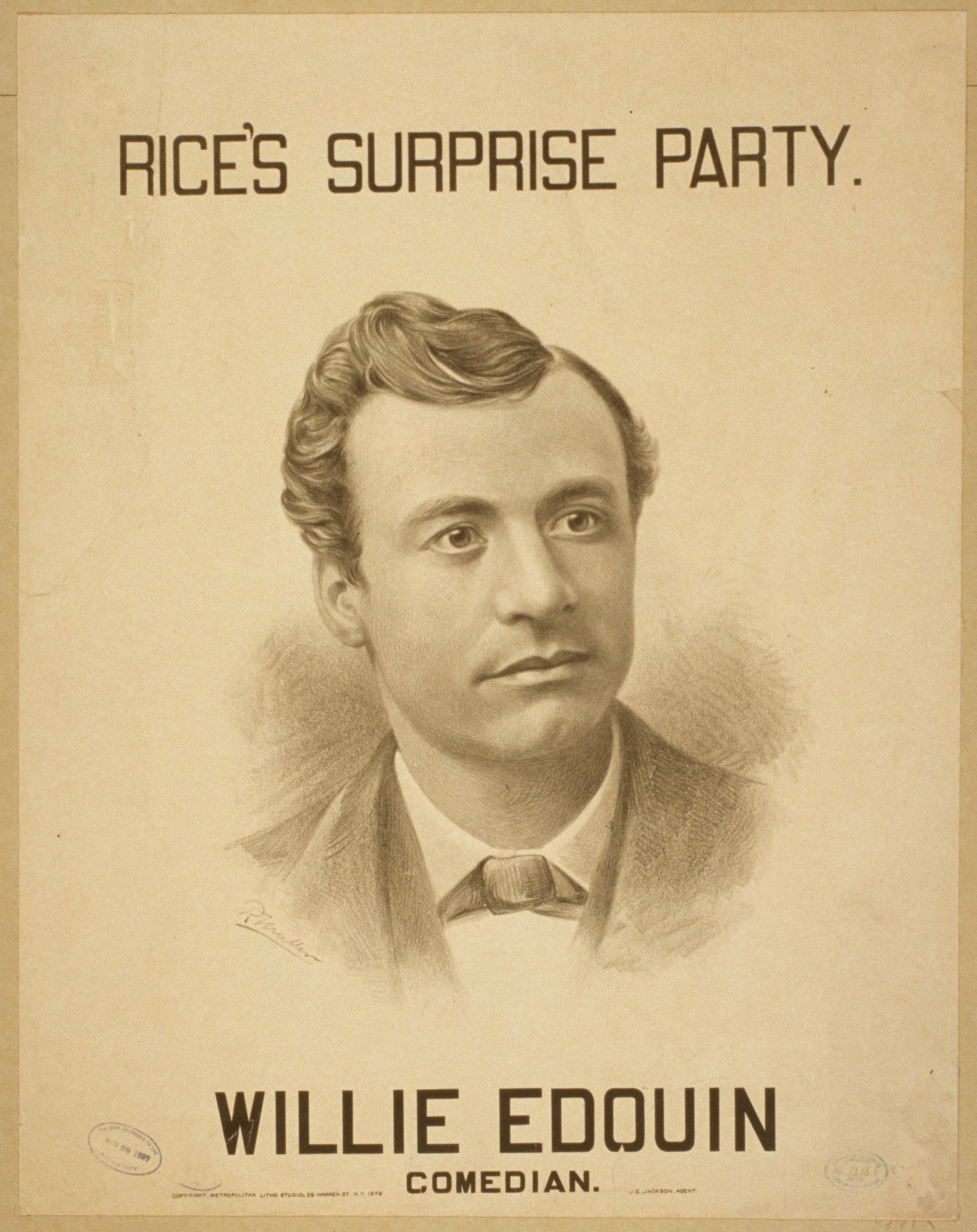 Plakat von Willie Edouin, einem Komiker, mit einem menschlichen Gesicht und dem Text "Rice's Überraschungsparty."