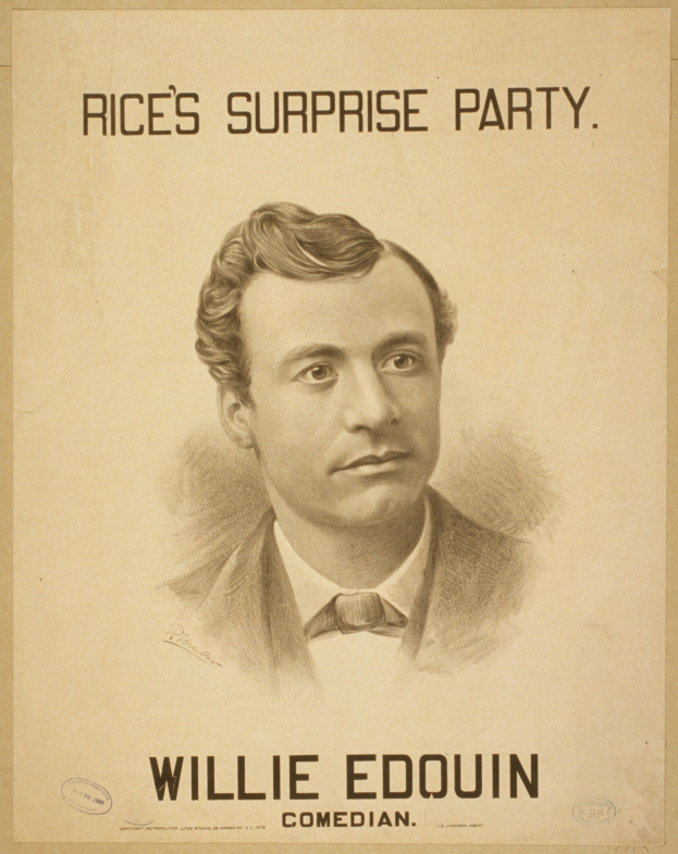 Plakat von Willie Edouin, einem Komiker, mit einem menschlichen Gesicht und dem Text "Rice's Überraschungsparty."