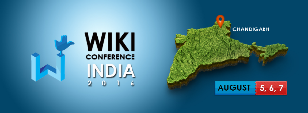 Ein detailliertes Kartenbild von Indien, das den Standort von Chandigarh hervorhebt, mit dem Text "Wiki Conference India 2016" in fetter Schrift.