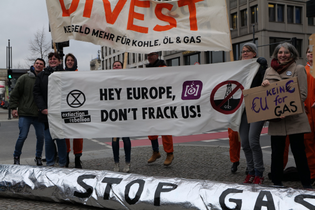 Gruppe von Menschen auf einer Straße mit einer "Stoppt Gas"-Plakette protestieren gegen die Europäische Union, mit Gebäuden, Bäumen, Masten, Verkehrszeichen und einem klaren blauen Himmel im Hintergrund.