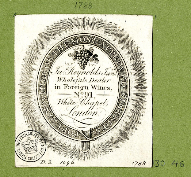 Plakat mit grünem Hintergrund, das den Text 'Das am meisten geschätzte für ausländische Weine' und ein rundes Logo mit einem weißen Zentrum und einem schwarzen Rand zeigt.