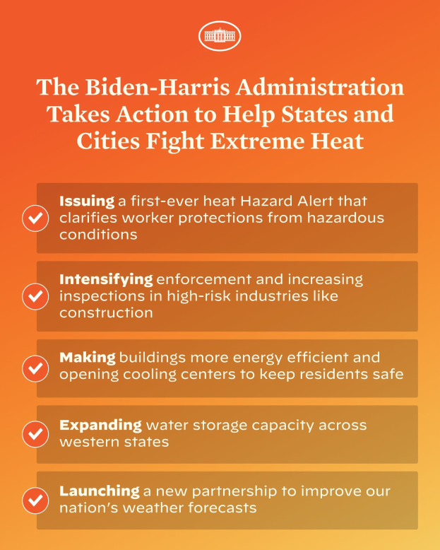 Plakat mit der Überschrift "Die Biden-Harris-Verwaltung setzt sich für den Kampf gegen extreme Hitze in Bundesstaaten und Städten ein" mit einem roten und weißen Schild-Logo mit einem Blitz, eingerahmt von einem gelben Rand auf einem weißen Hintergrund.