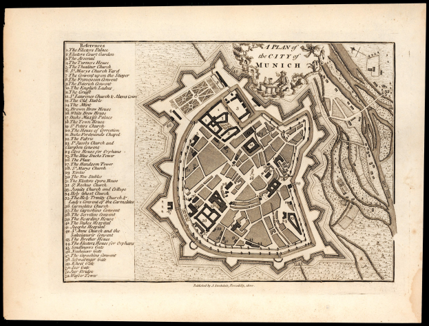 Ein alter Stadtplan von München, Deutschland, auf einem schwarzen Hintergrund, der Straßen, Gebäude und Sehenswürdigkeiten mit zusätzlichen Informationen zeigt.