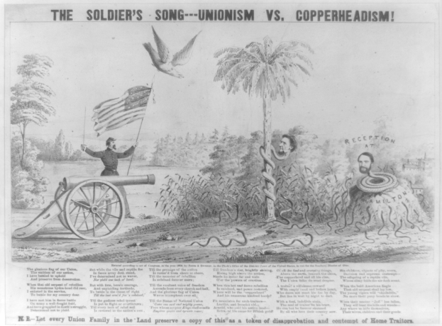 Ein Plakat, das eine Person zeigt, die auf einem Kanonenrohr steht, eine Fahne hält, umgeben von Bäumen, Pflanzen und einer Schlange, mit der Aufschrift "The Soldier's Song - Unionism vs Copperheadism".