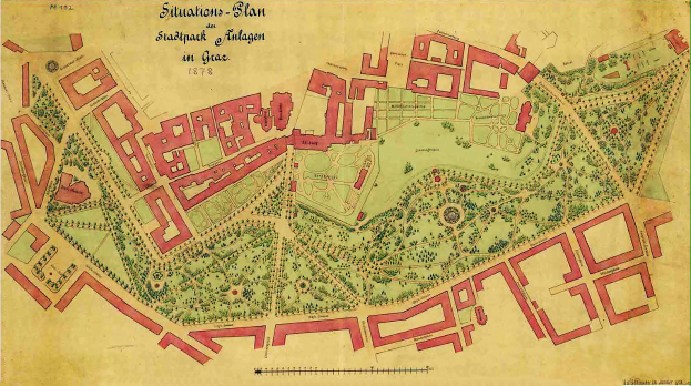 Ein detailliertes altes Stadtplan von Stuttgart, Deutschland, umgeben von einer grünen Grenze, zeigt Gebäude, Straßen und andere Merkmale mit Texten, die Informationen über die Bevölkerung, den Standort und die Geschichte der Stadt liefern.