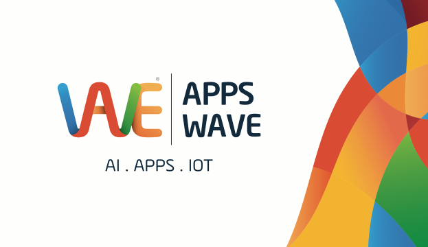 Ein farbenfrohes Design auf der rechten Seite mit den Wörtern "AI, Apps, IoT" darauf gegen einen weißen Hintergrund.