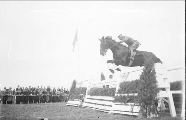 Schwarze und weiße Fotografie eines Pferdes und Reiters, die über ein Hindernis springen, bei den 1953 Royal Ascot Horse Trials, mit Zuschauern links, einer Fahne im Hintergrund und Gras unten.