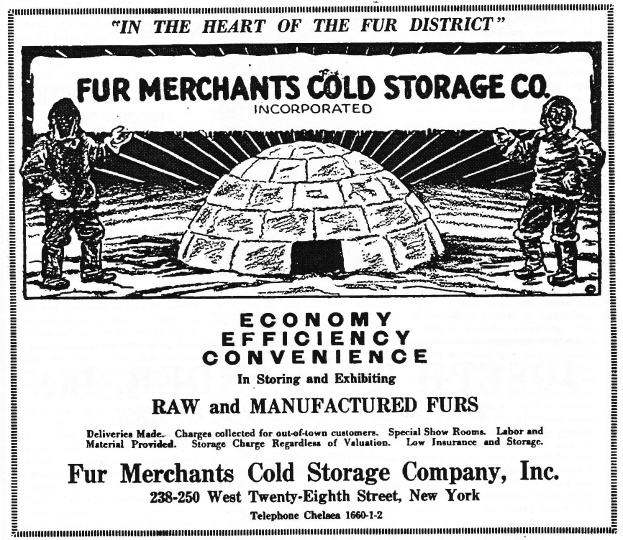 Eine Werbung f√ľr die Fur Merchants Cold Storage Company, Inc., die zwei Personen vor einer iglu√§hnlichen Struktur zeigt, mit Text, der die Dienstleistungen des Unternehmens beschreibt.