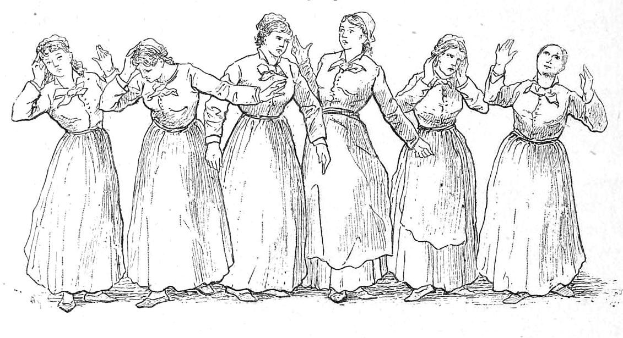 Schwarze und weiße Illustration von Frauen in gemusterten Kleidern, die in einer Reihe stehen, mit 'Frauenwahlrecht' oben und einer Bildunterschrift unten.