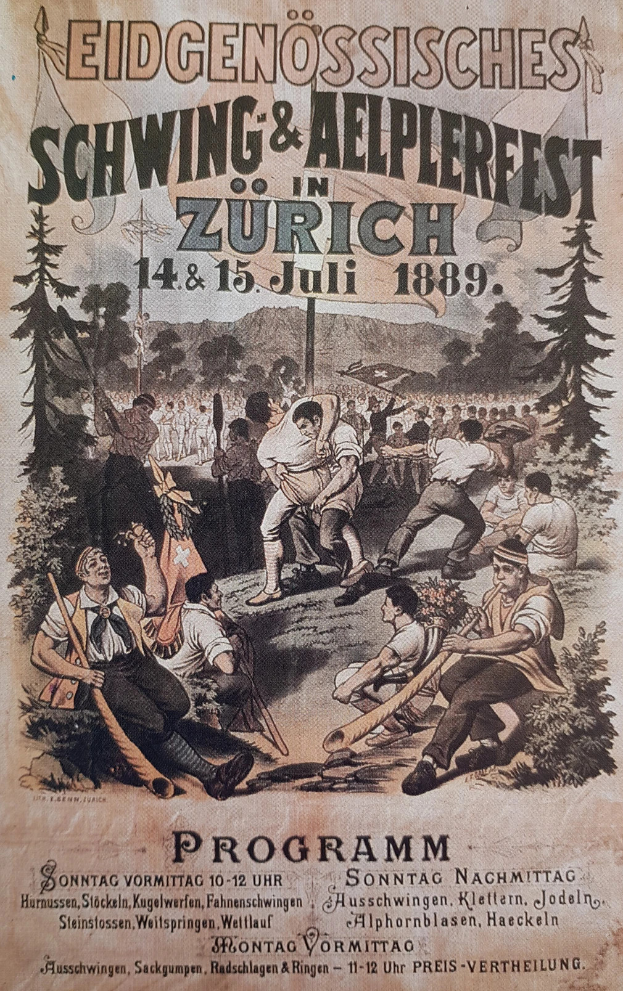 Ein Vintage-Plakat, das ein Festival in Zürich, Schweiz, bewirbt und eine Gruppe von Menschen zeigt, einige halten Stöcke, mit Bäumen im Hintergrund und Text mit Festival-Informationen.