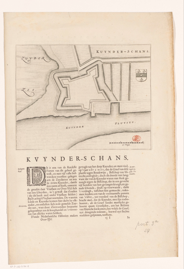 Ein altes Buch mit einer detaillierten Karte von Kuynder-Schans, die Straßen, Gebäude und Sehenswürdigkeiten zeigt, mit begleitendem Text, der zusätzliche Informationen bietet.