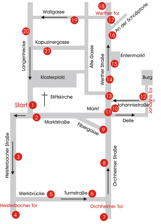 Eine detaillierte Karte von Heidelberg, Deutschland, die Straßen, Gebäude, Sehenswürdigkeiten und eine hervorgehobene Route zu einer Kirche mit begleitendem Text zeigt.