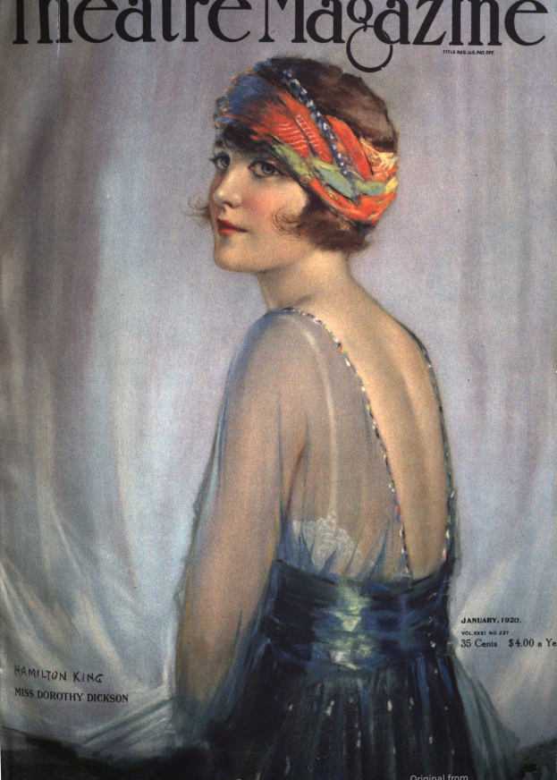 Ein Gemälde einer Frau in einem blauen Kleid auf dem Cover eines Theater-Magazins aus Januar 1920, die anmutig mit verschränkten Händen und geneigtem Kopf steht, mit Text, der "Theater-Magazin Januar 1920" liest.