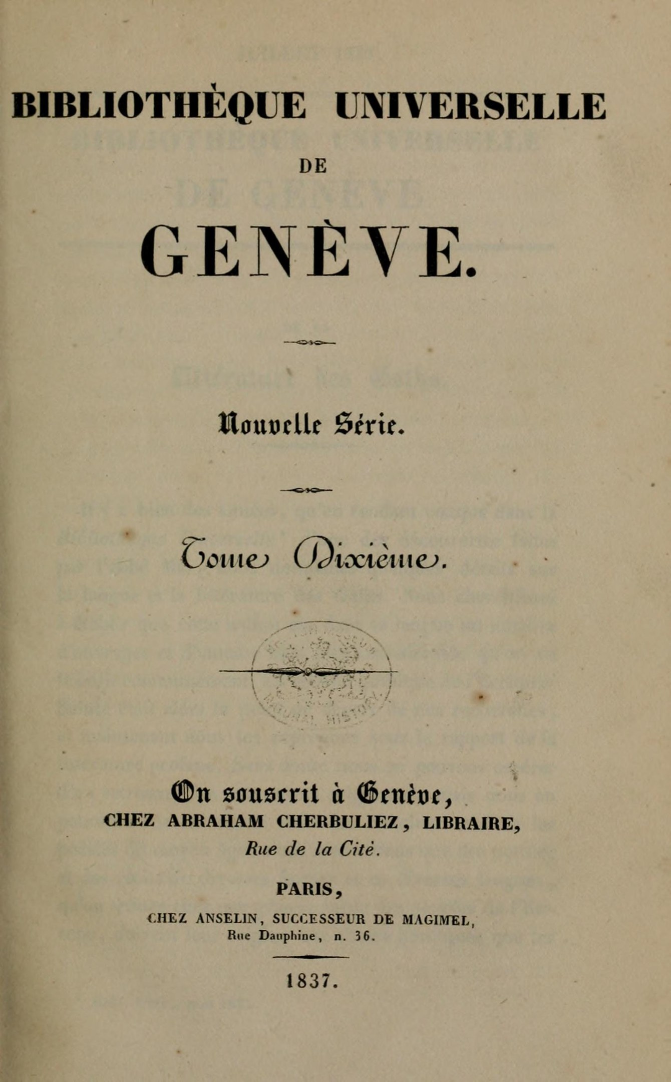 Altes Buch mit dem Titel 'Bibliothèque Universelle de Geneve' geöffnet