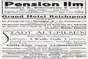 Eine alte Zeitungsannonce für das Pensionshotel in Dresden, Deutschland, mit schwarzem Text auf weißem Hintergrund.