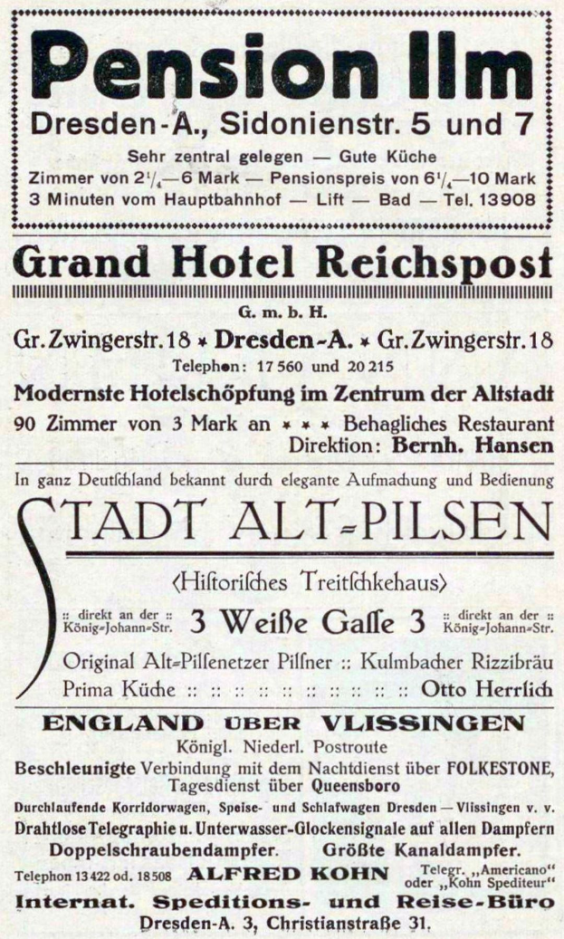 Eine alte Zeitungsannonce für das Pensionshotel in Dresden, Deutschland, mit schwarzem Text auf weißem Hintergrund.