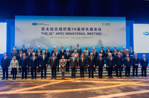 Gruppe von Menschen in formeller Kleidung auf einer Bühne mit einem "Asia Pacific Economic Cooperation Summit"-Hintergrund, Treppen, Brettern und Beleuchtung.