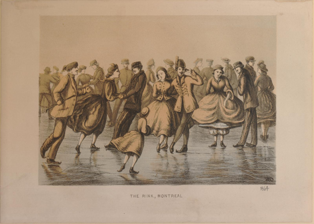 Eine Gruppe von Menschen, die auf einer Eisbahn in Montreal, Kanada im Jahr 1864 Schlittschuh laufen, umgeben von Bäumen mit dem Text "The Rink, Montreal" unten.