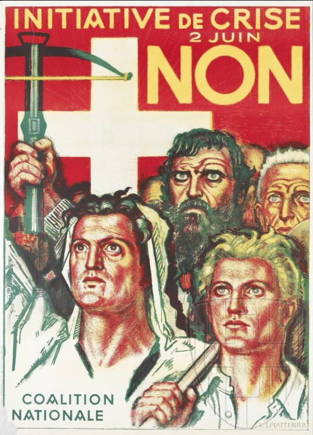 Plakat für die Coalition Nationale, eine Kriseninitiative, mit einer Gruppe von Menschen, die einen Hammer und eine Sichel halten, und Textinformationen über die Organisation und ihre Mission.