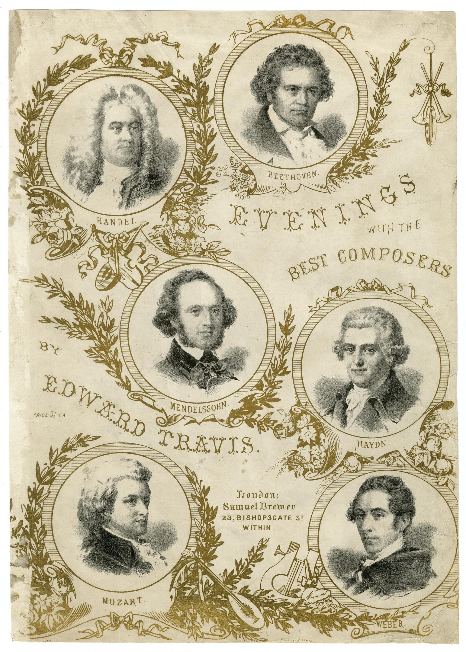 Plakat mit der Bezeichnung "Abende mit den Besten Komponisten von Edward Travis", das fünf lächelnde Personen verschiedenen Alters, Geschlechts und Ethnien in einem umrandeten Layout zeigt.