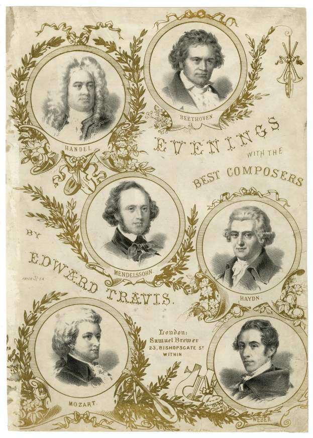 Plakat mit der Bezeichnung "Abende mit den Besten Komponisten von Edward Travis", das fünf lächelnde Personen verschiedenen Alters, Geschlechts und Ethnien in einem umrandeten Layout zeigt.