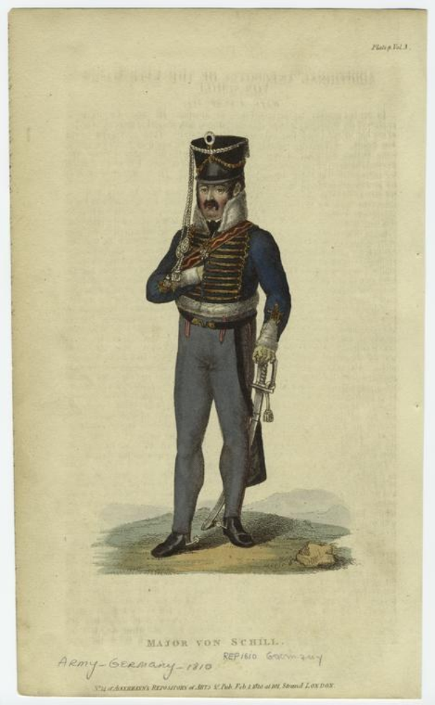 Ein Mann in einer Uniform der deutschen Armee aus dem 19. Jahrhundert hält ein Schwert und steht auf dem Boden, mit Text, der ihn als Major von Schill der deutschen Armee im Jahr 1810 identifiziert.