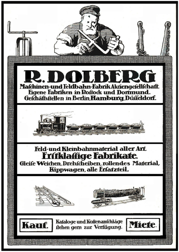 Werbeplakat für R.D. Dolbergs Fabrik in Hamburg, Deutschland, mit Text und Bildern einer Person, eines Zugs und weiterer Gegenstände.