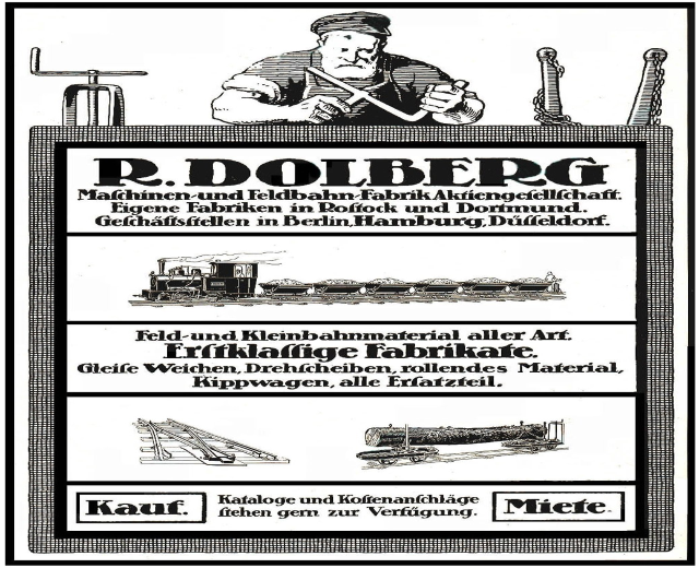 Werbeplakat für R.D. Dolbergs Fabrik in Hamburg, Deutschland, mit Text und Bildern einer Person, eines Zugs und weiterer Gegenstände.