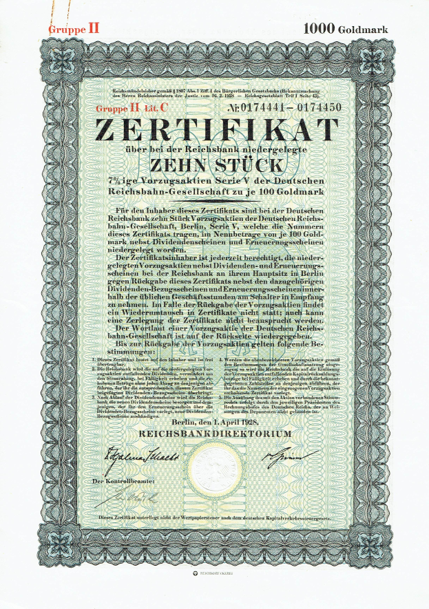 Altes deutsches Aktienzertifikat mit grünem Hintergrund und goldenem Rahmen, auf dem das Wort 'Zertifikat' steht.
