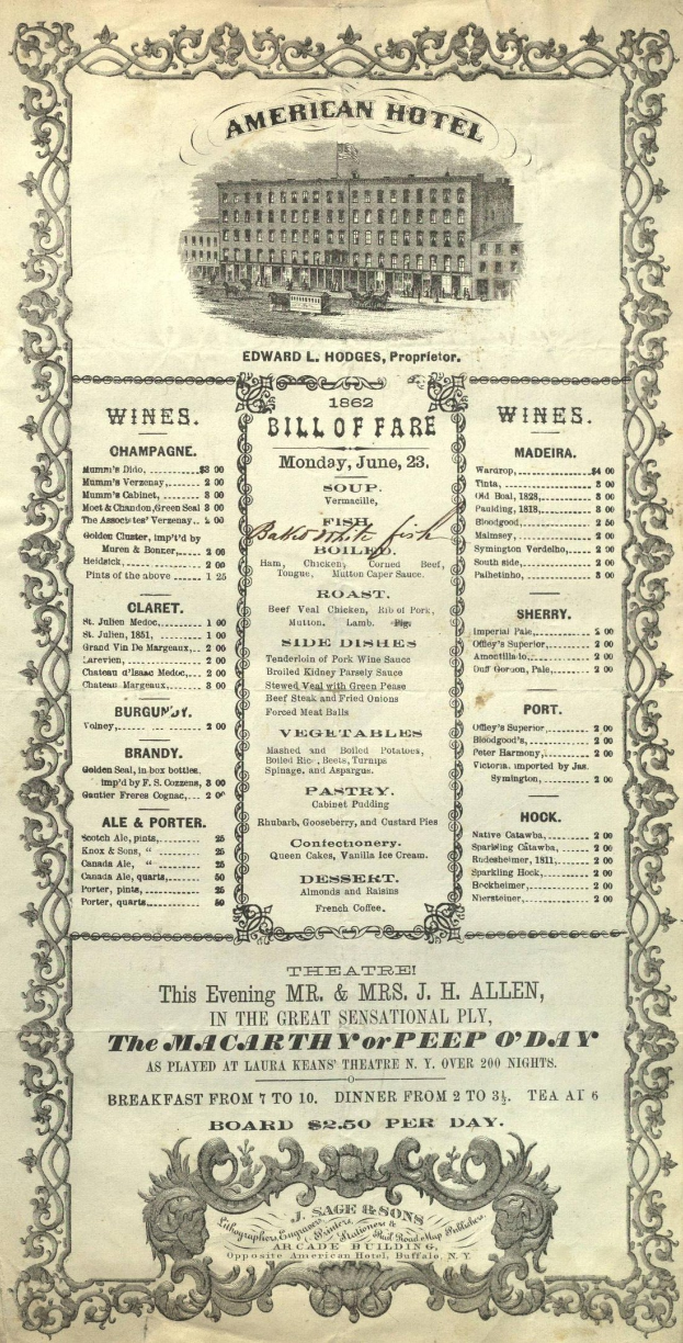 Altes Buch mit dem Titel "American Hotel Bill of Fare von 1862" mit einer Gebäudeabbildung und Text zu den Restaurantangeboten