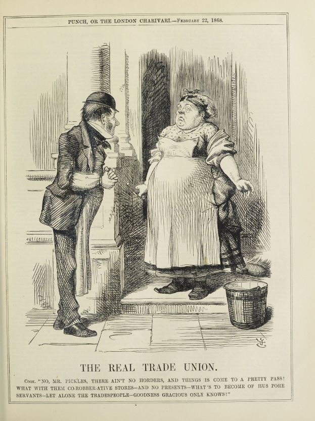 Ein Blatt mit einer Zeichnung eines Mannes und einer Frau neben einem Eimer, darunter steht Text, der "Die wahre Gewerkschaft" lautet.