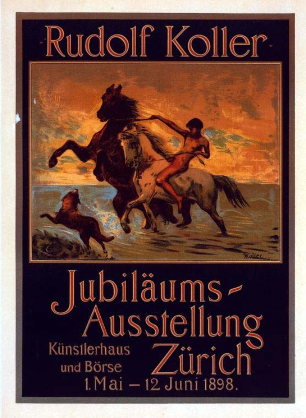 Plakat für die Jubiläumsausstellung Zürich 1898 von Rudolf Koller, das einen Reiter auf einem Pferd mit einer markanten Ausstellungstitelzeile zeigt.