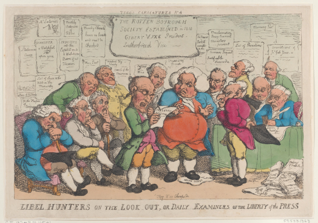 Eine Gruppe von Menschen, die um einen Tisch sitzen und Papiere und Gegenstände betrachten, wobei einer ein Papier hält, mit Text unten: "Libel Hunters on the Look Out, or Daily Examiners of the Liberty of the Press".