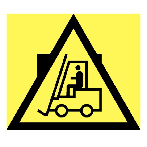 Gelb-schwarzes Warnschild mit einem Gabelstapler, das das Verbot von Gabelstaplern in der Gegend anzeigt, vor einem weißen Hintergrund.